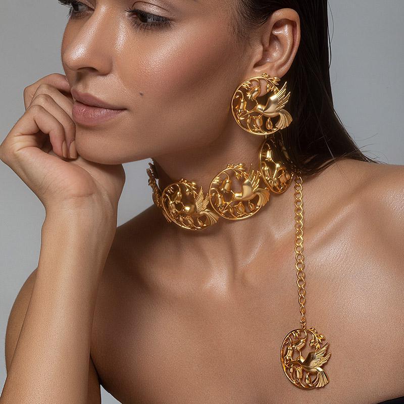 Hummingbird Choker Necklace and Stud Earrings Set Oplina jewellery 