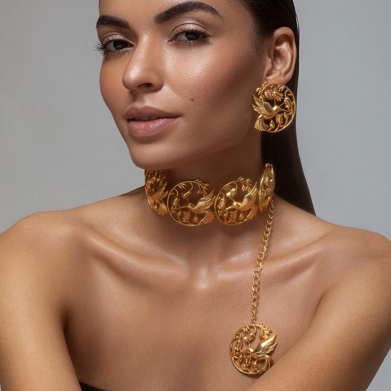 Hummingbird Choker Necklace and Stud Earrings Set Oplina jewellery 