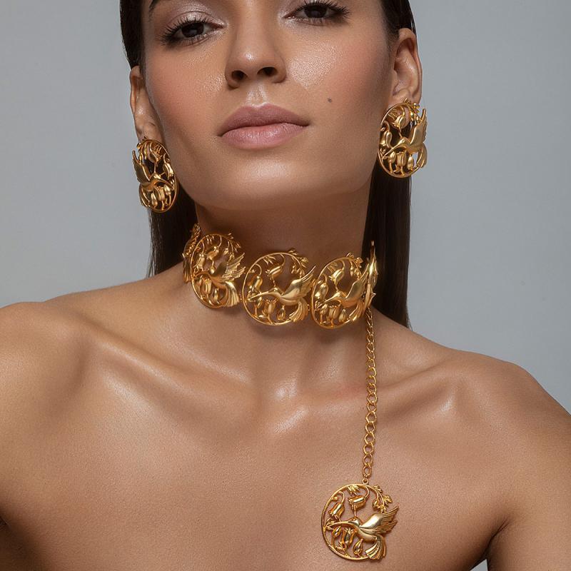 Hummingbird Choker Necklace and Stud Earrings Set Oplina jewellery 